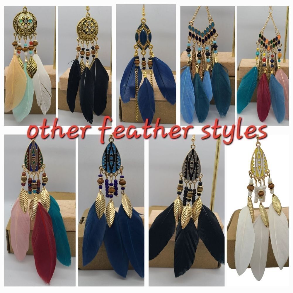 Black Boho Feather Tassel Floral Beaded Dangle Earrings Tribal Native Gypsy New - Picture 7 of 7
